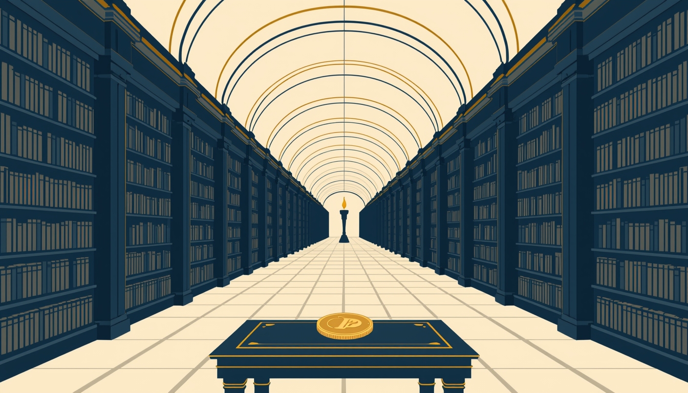Grand library hall with gold coin — the knowledge vault of Austrian economics
